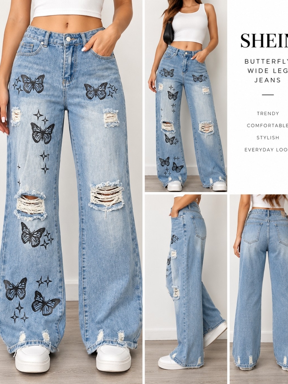 SHEIN Women’s Size S Light Wash Butterfly Graphic Ripped Wide Leg Y2K Jeans